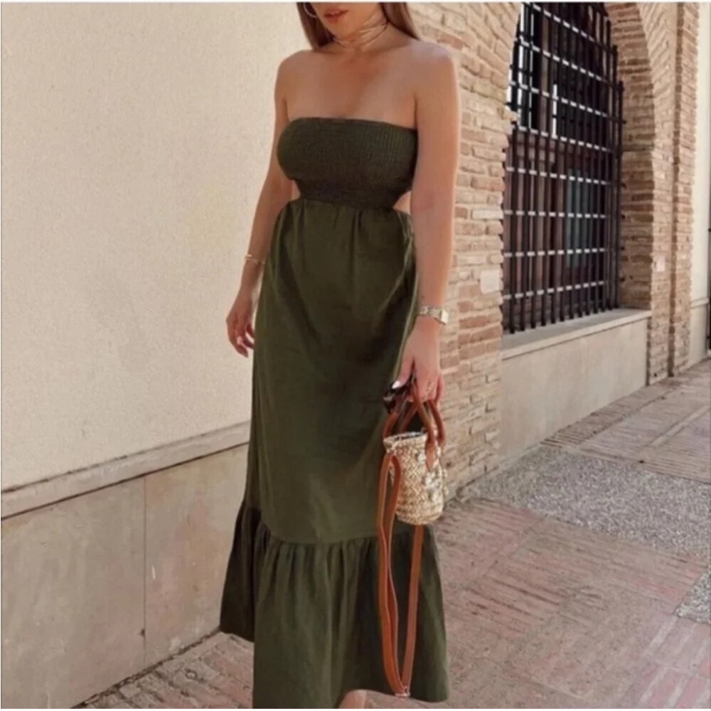 NWT Zara Olive Green Linen Strapless Maxi Dress